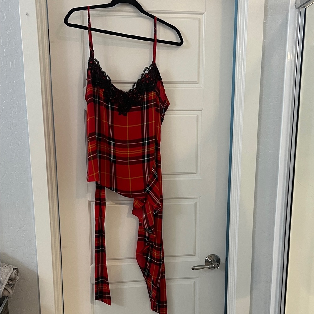 NY&CO Red Plaid Asymmetrical Top with Lace Trim